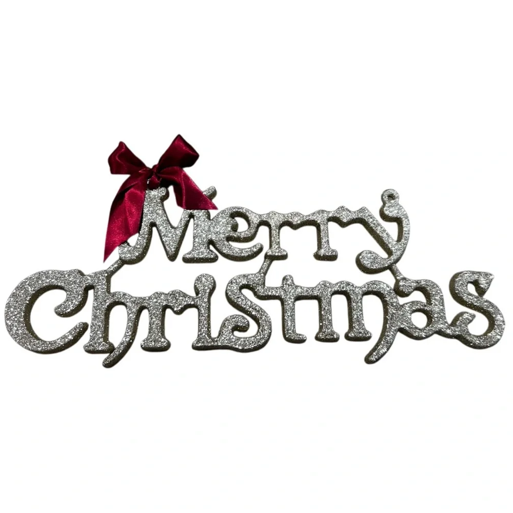 Vintage Gold Glitter Merry Christmas Sign Red Bow Holiday Decor